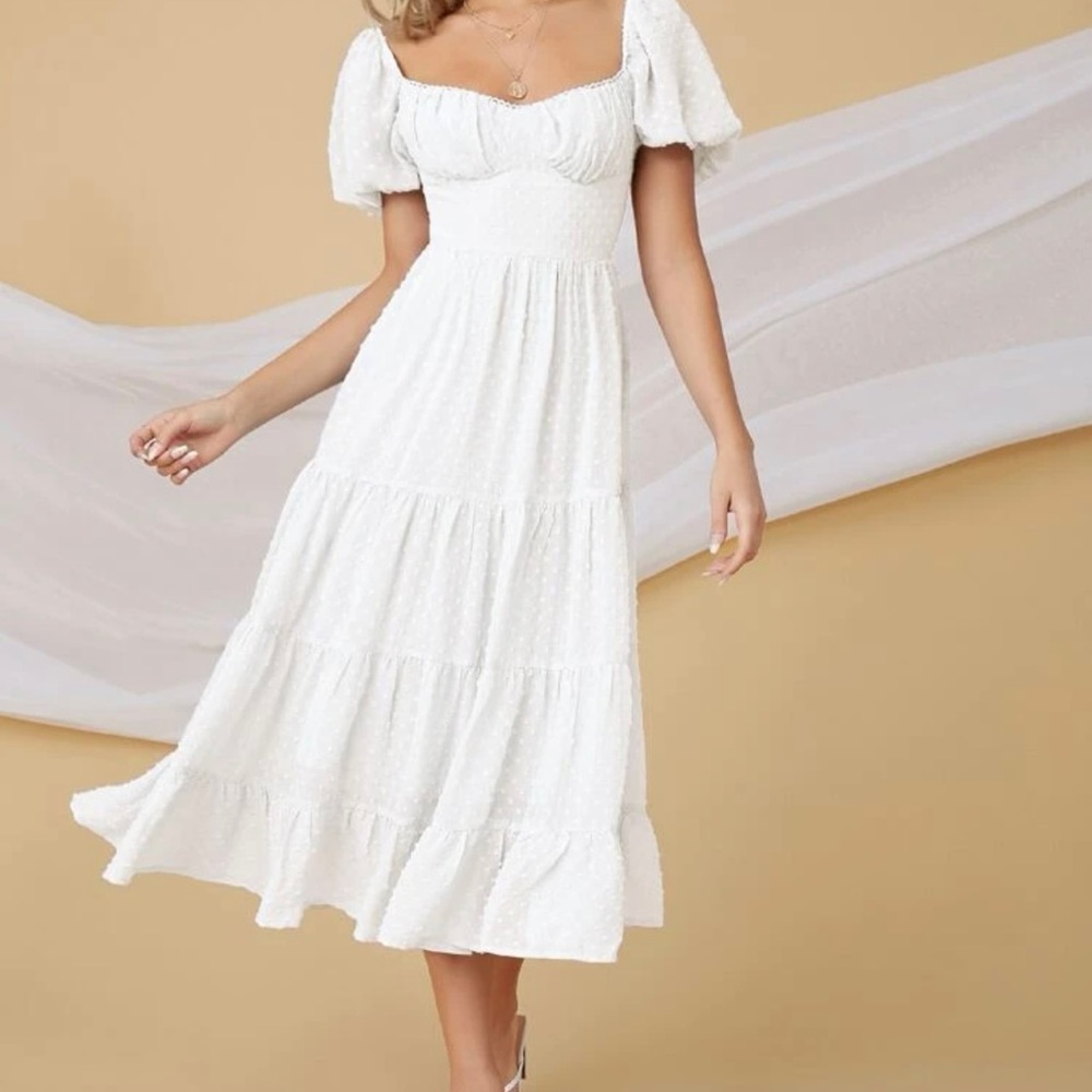 White Puff Sleeve Tiered Midi Dress